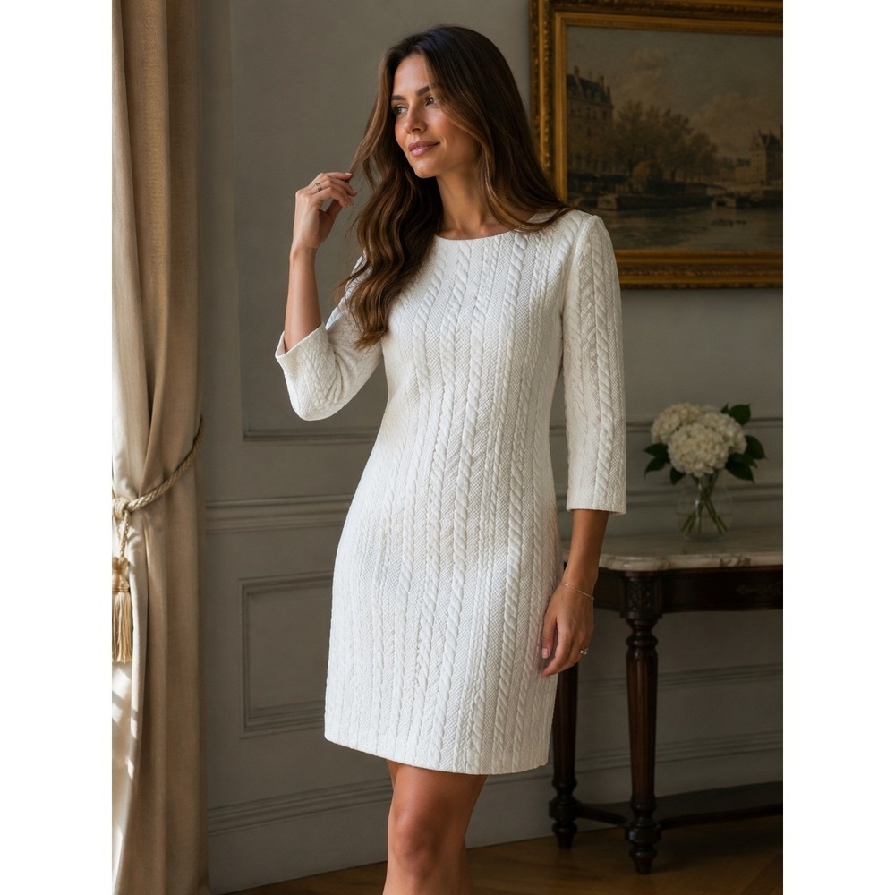 Chetta B White Cable Knit Sheath Dress 3/4 Sleeve Exposed Zipper Womens 4